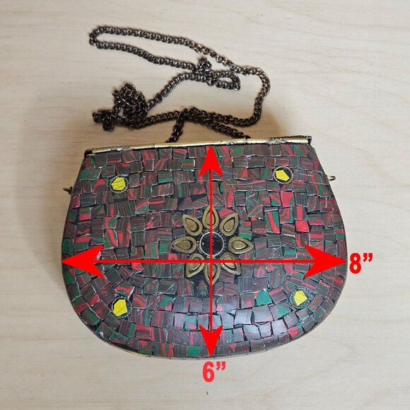 Handcrafted Mosaic Purse With Chain Strap & Sunburst Design Red/Green & Brass Ac - Picture 12 of 12